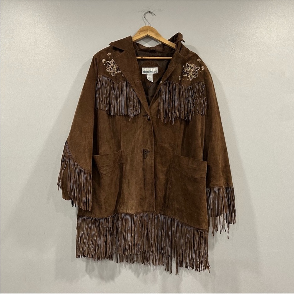 Denim 24/7 Brown Suede Fringed Embroidered Western Jacket Size 16W